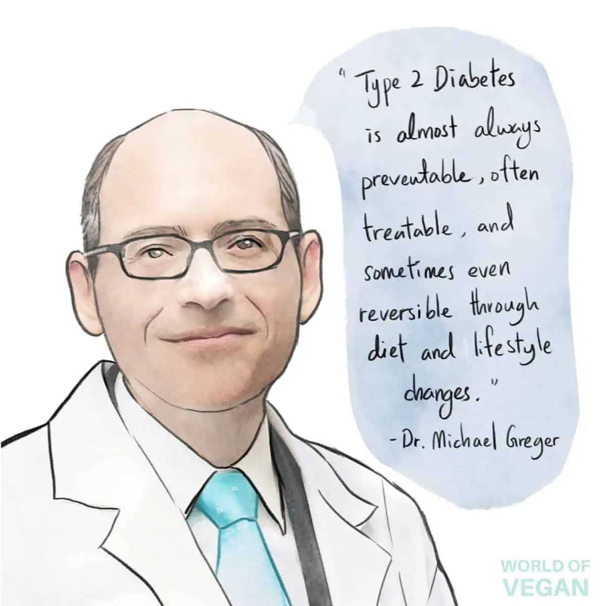 Illustration of vegan doctor Dr. Michael Greger with a quote about Type 2 diabetes and the plant-based diet.