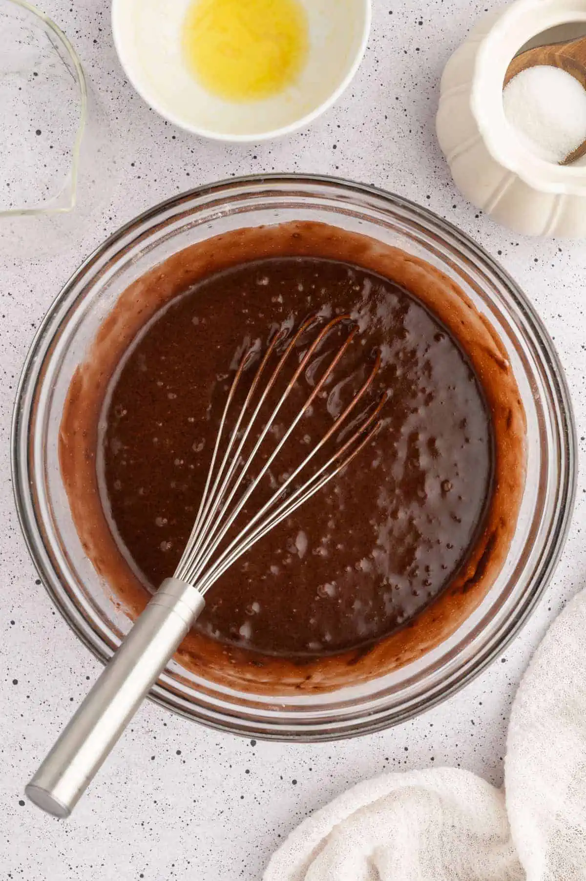 The vegan chocolate cupcake batter all mixed together in a mixing bowl.