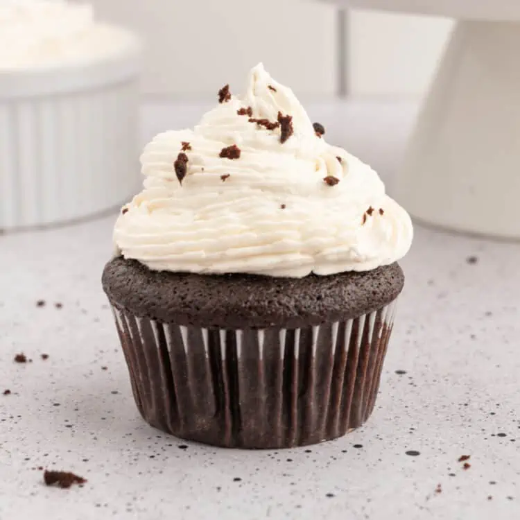 Vegan chocolate cupcake topped with buttercream frosting and chocolate shavings.