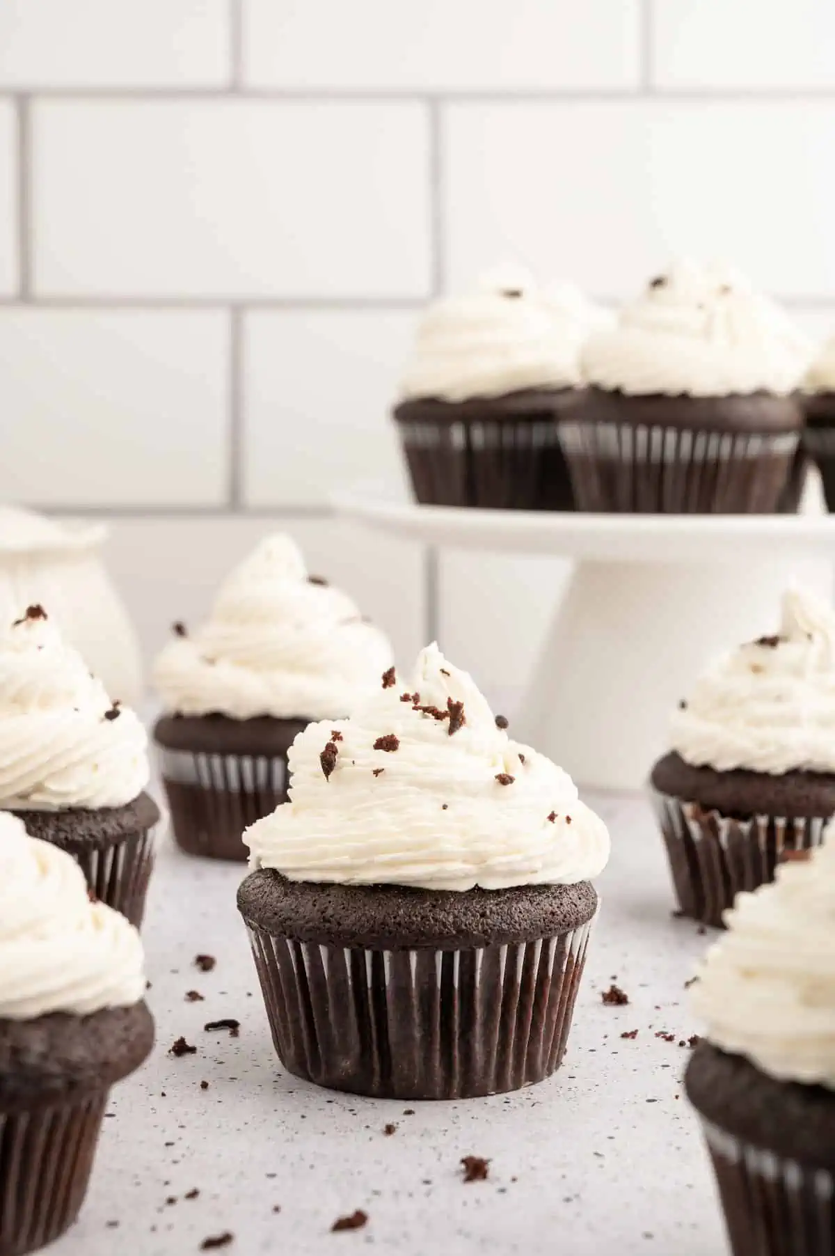 Vegan chocolate cupcakes topped with vegan buttercream frosting and chocolate shavings.