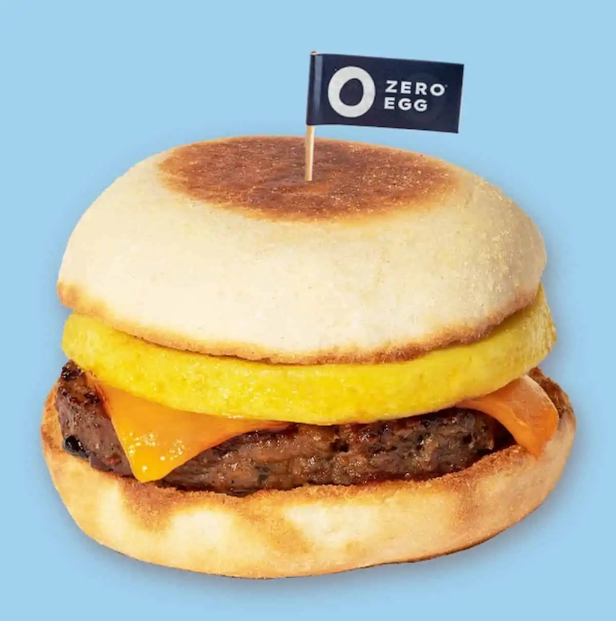 Zero Egg vegan egg patty in a vegan breakfast sandwich.