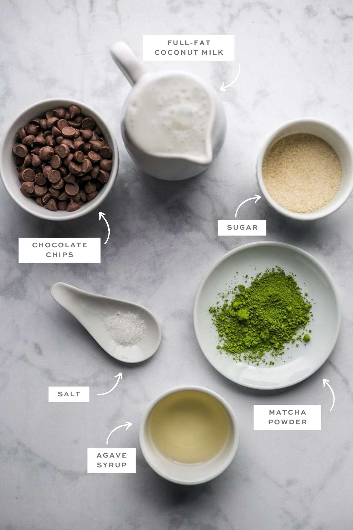 Matcha ice cream ingredients in various bowls with labels.