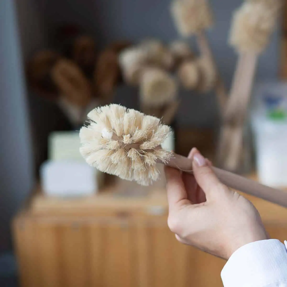 Hand holding a natural bamboo scrubbing brush for the toilet.