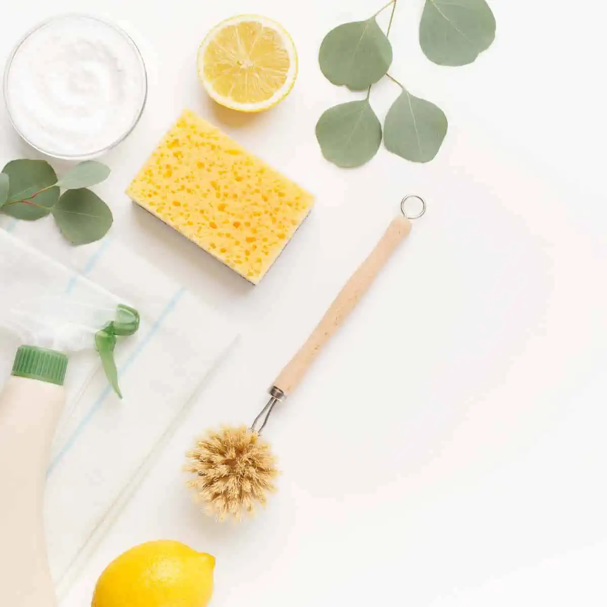 Supplies for cleaning a toilet natural including baking soda, a sponge, a natural toilet brush, and lemon.