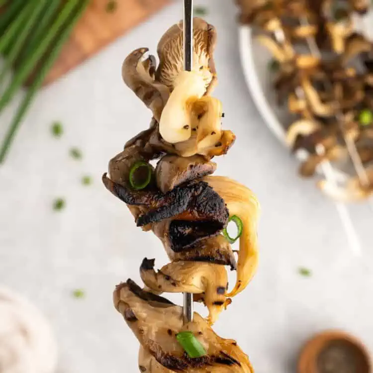 Oyster mushrooms on a metal skewer grilled and garnished with green onion.