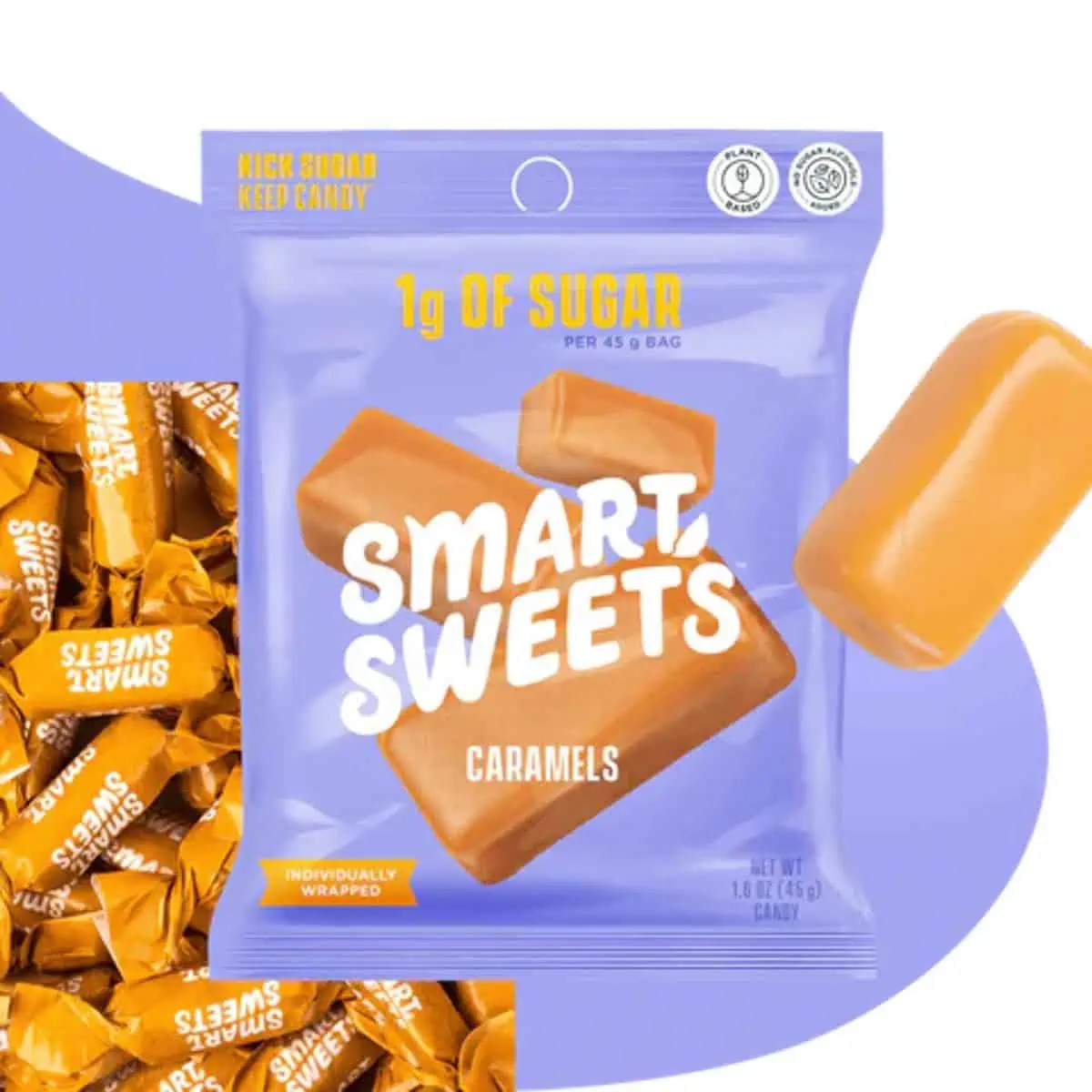 Purple package of Smart Sweets brand vegan caramels. 