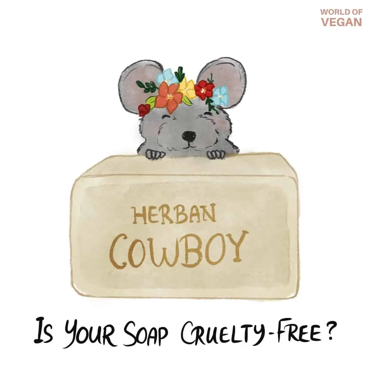 Illustration of vegan soap from Herban Cowboy brand with a cute cruelty-free mouse peeking over the top.