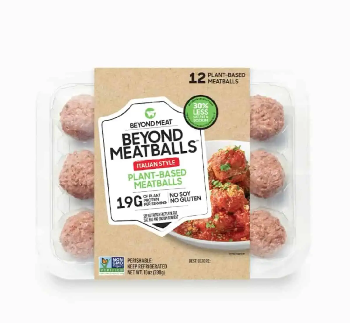 A package of 12 plant-based Beyond Meat meatballs in clear packaging with a craft paper cover on a white background.