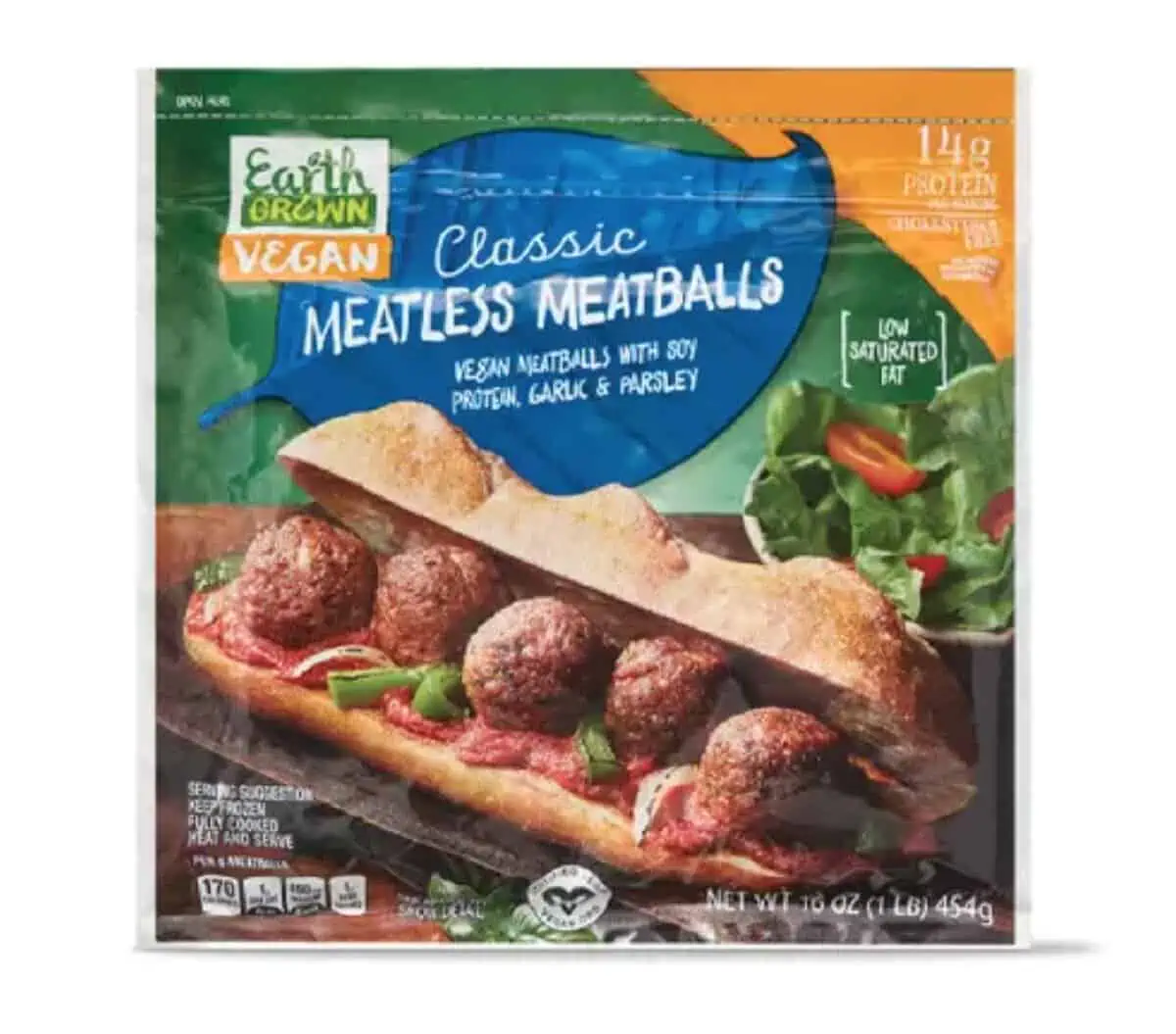 A green package of Aldi's Earth Grown Meatless Meatballs with a photo of a meatball sub with 5 meatballs and sauce on a white background.