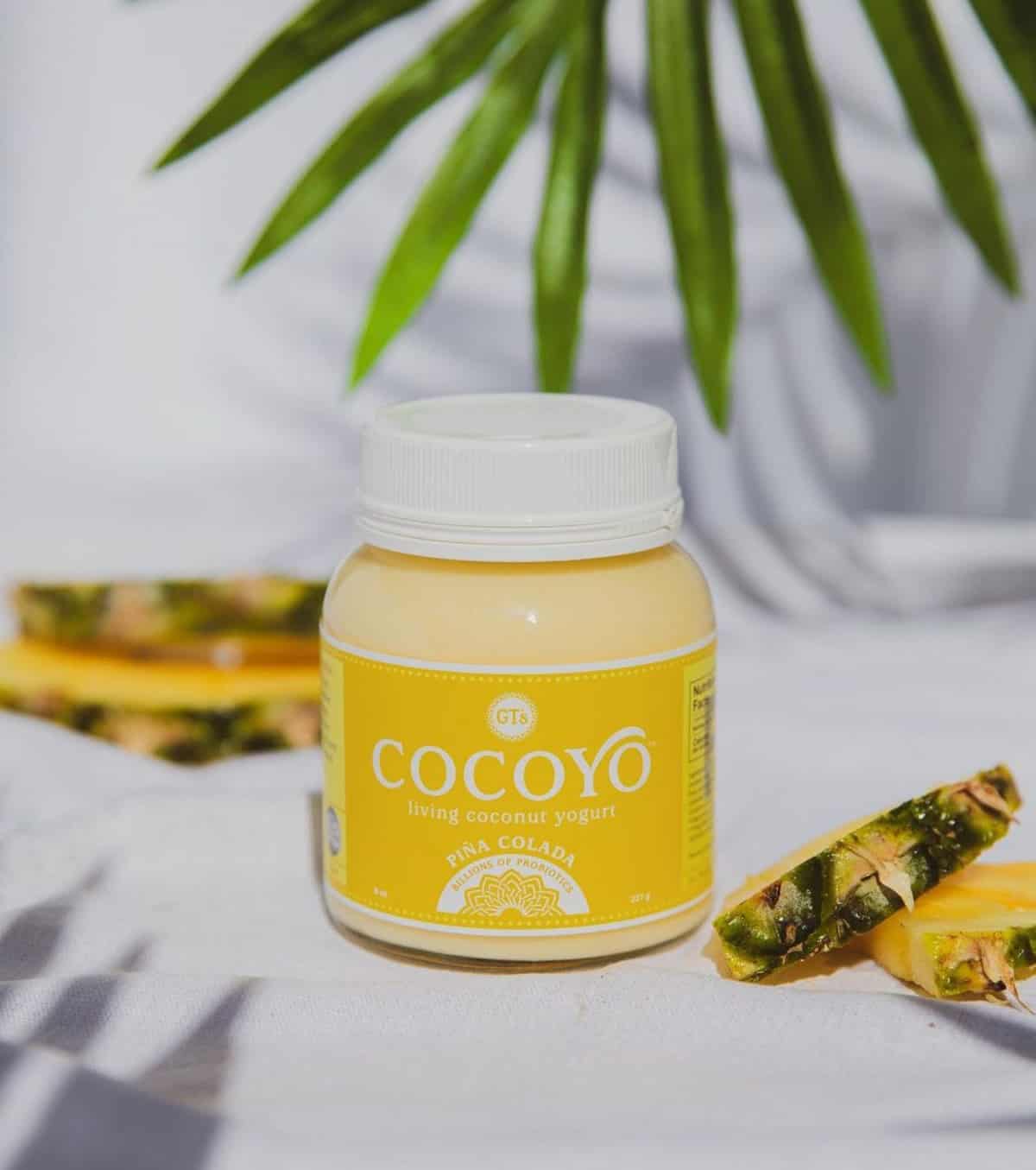 A container of GT's Cocoyo vegan pina colada vegan yogurt.