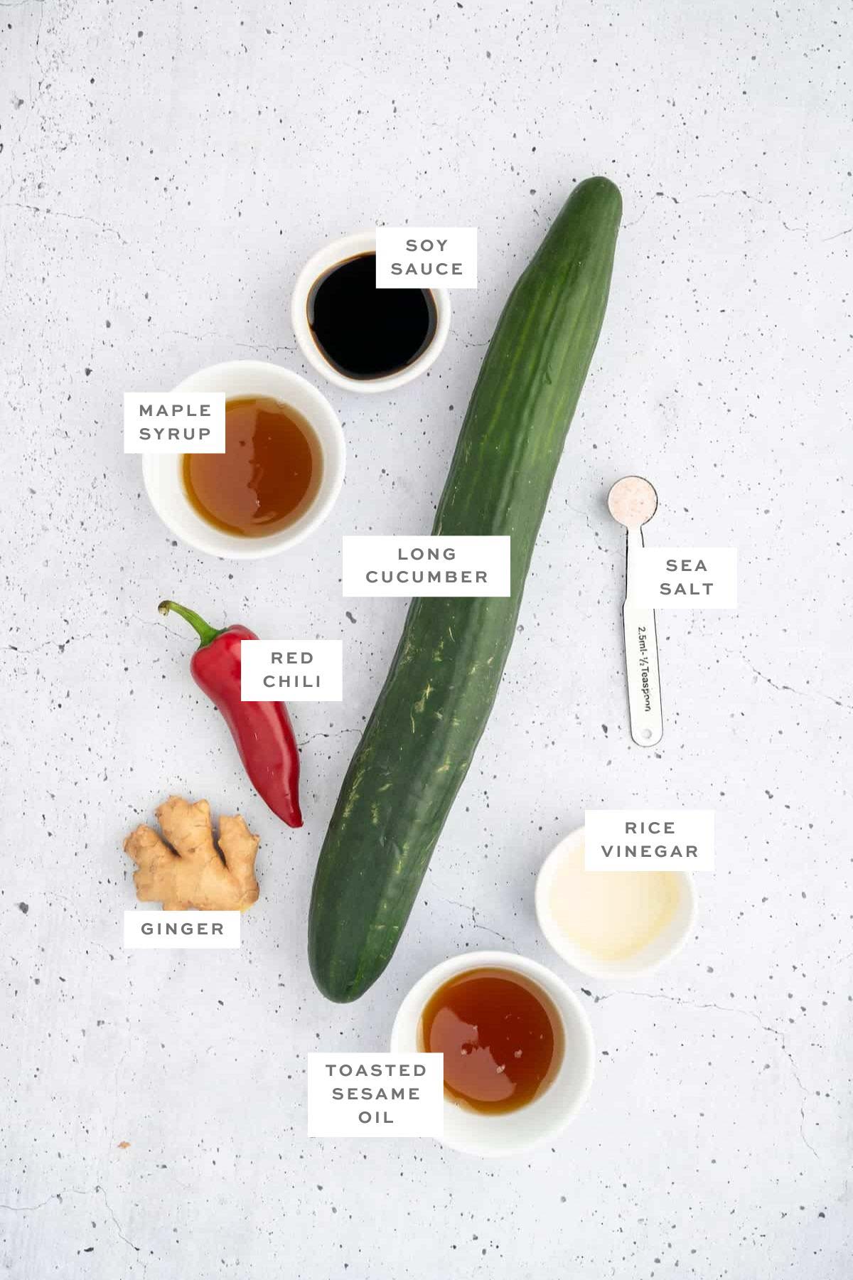 Ingredients for Japanese pickled cucumbers with labels.