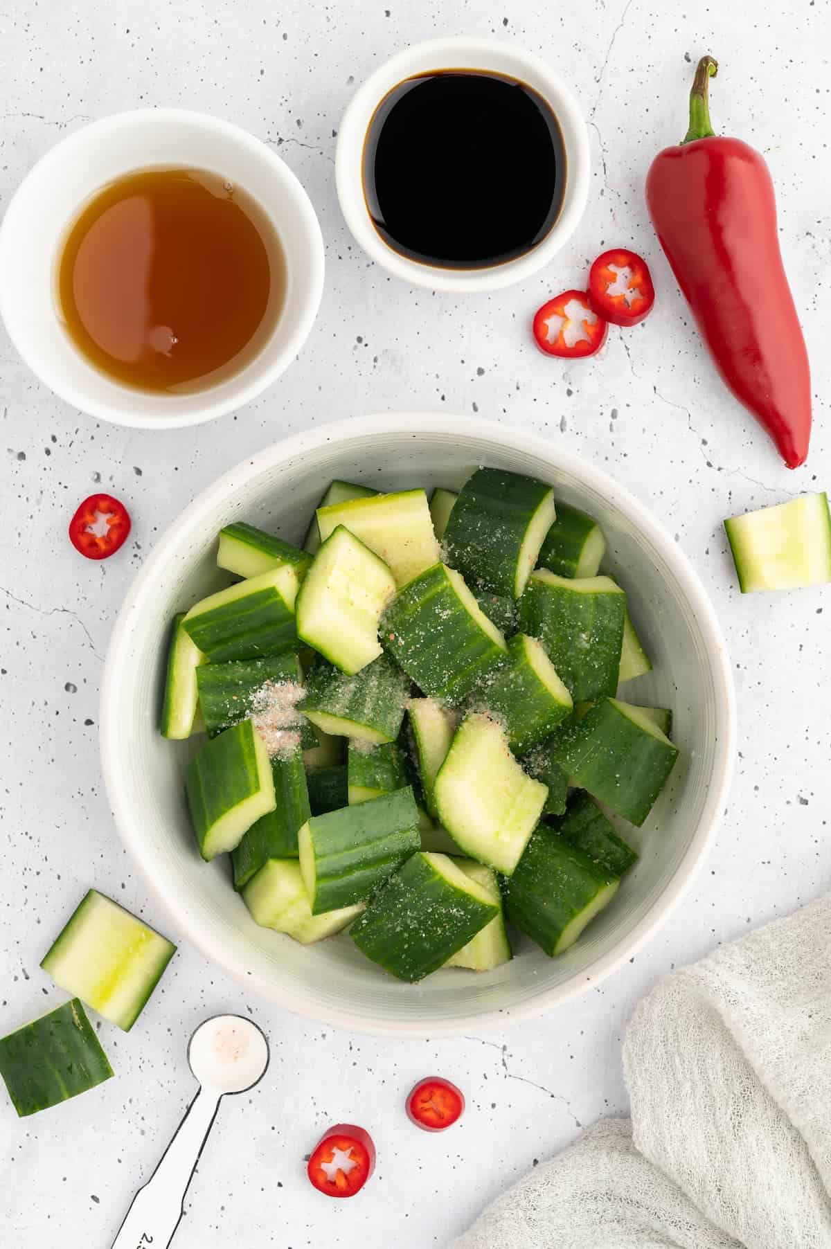 A bowl of salted cucumber.