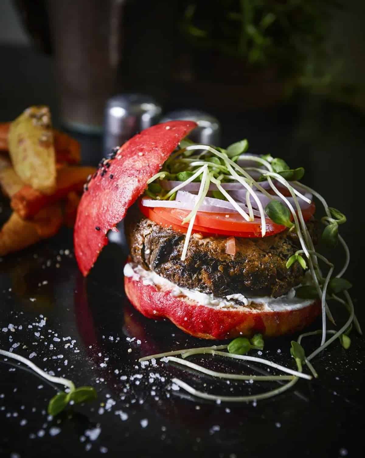 A vegan burger at Meshek Barzilay restaurant in Tel Aviv.