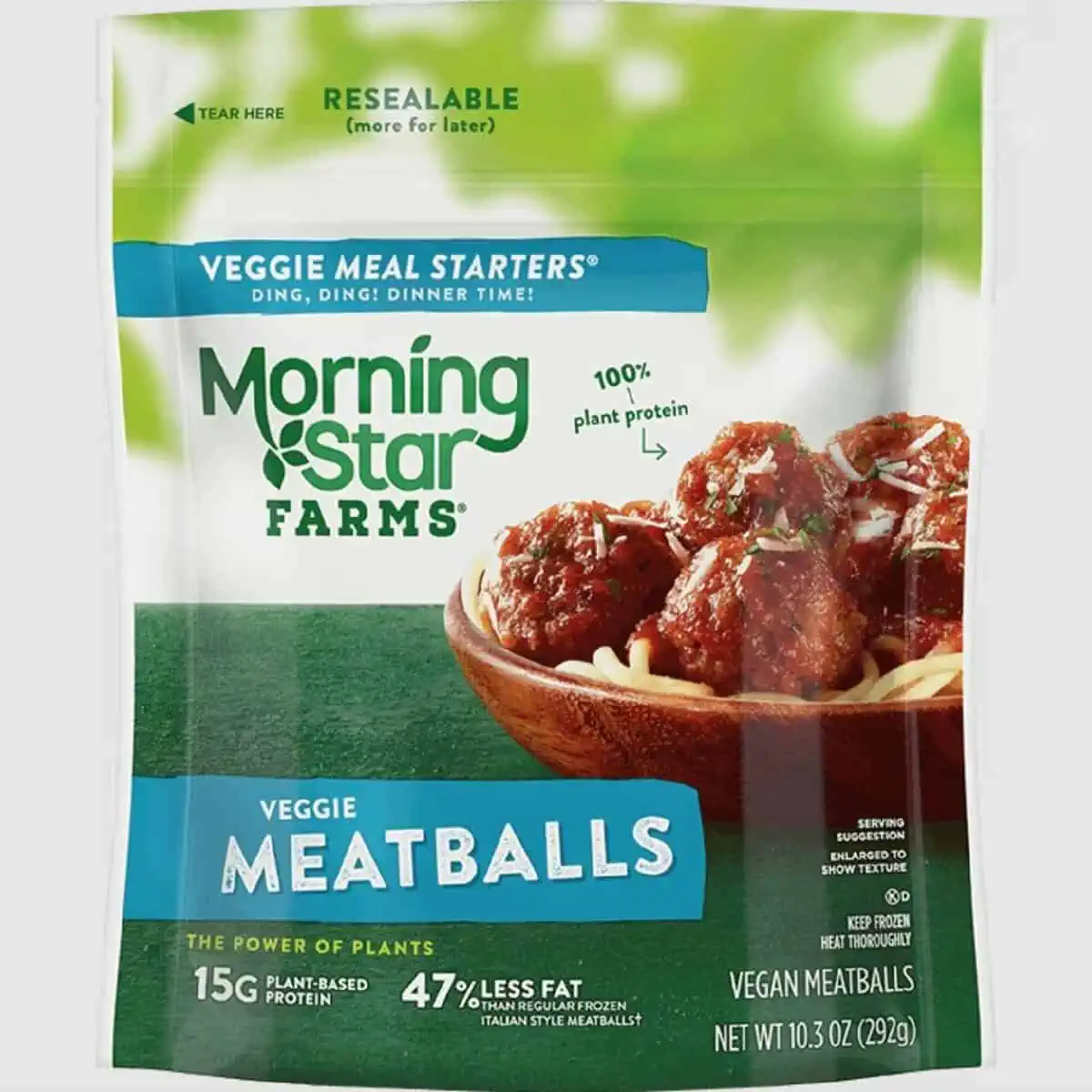 A green Morningstar Farms bag with a photo of a red plate full of veggie meatballs and spaghetti on a white background.