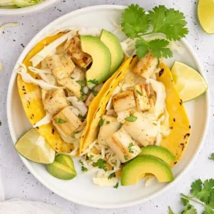 A vegan fish taco made with hearts of palm.