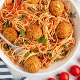 Bowl of spaghetti and vegan meatballs.