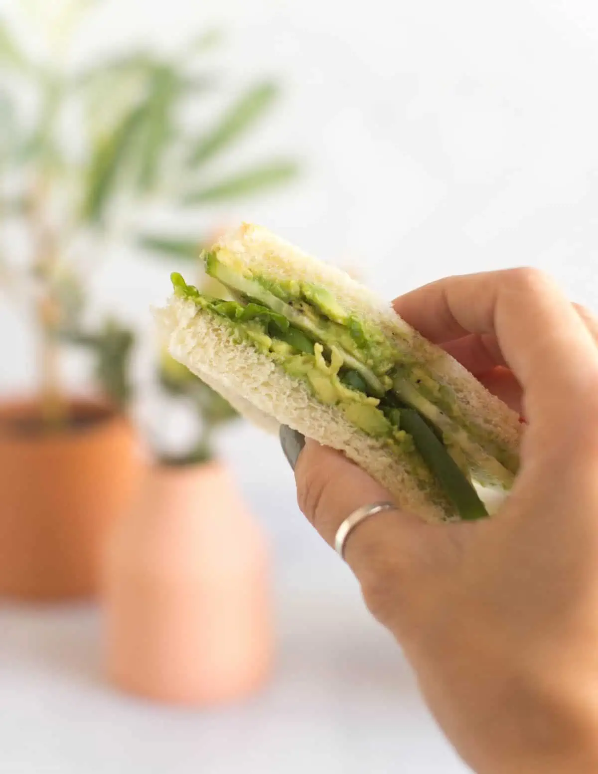 Hand holding up a cucumber avocado vegan tea sandwich.