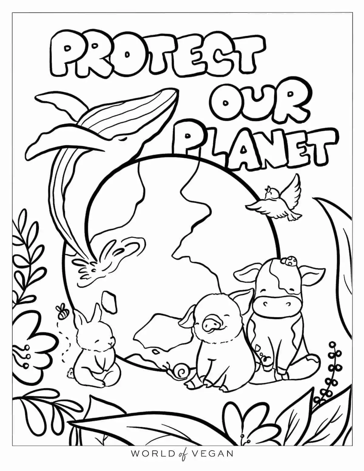 Earth day drawing coloring page with animals, the planet, a whale, and the words "Protect Our Planet."