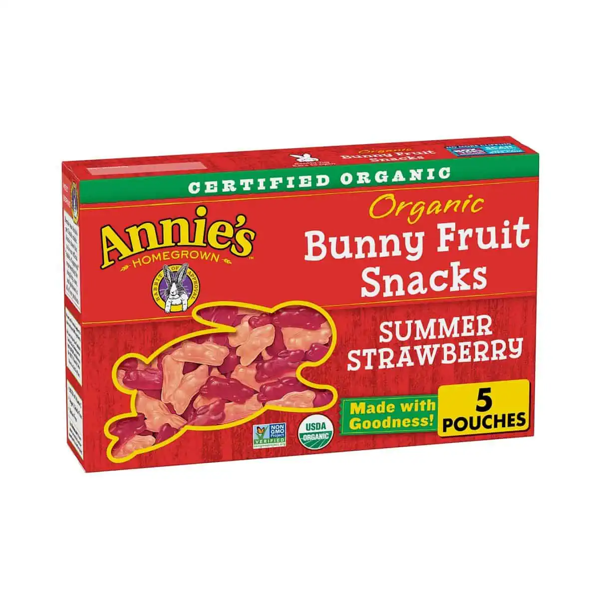 A red package of the strawberry bunny fruit snacks from Annie's Homegrown. 