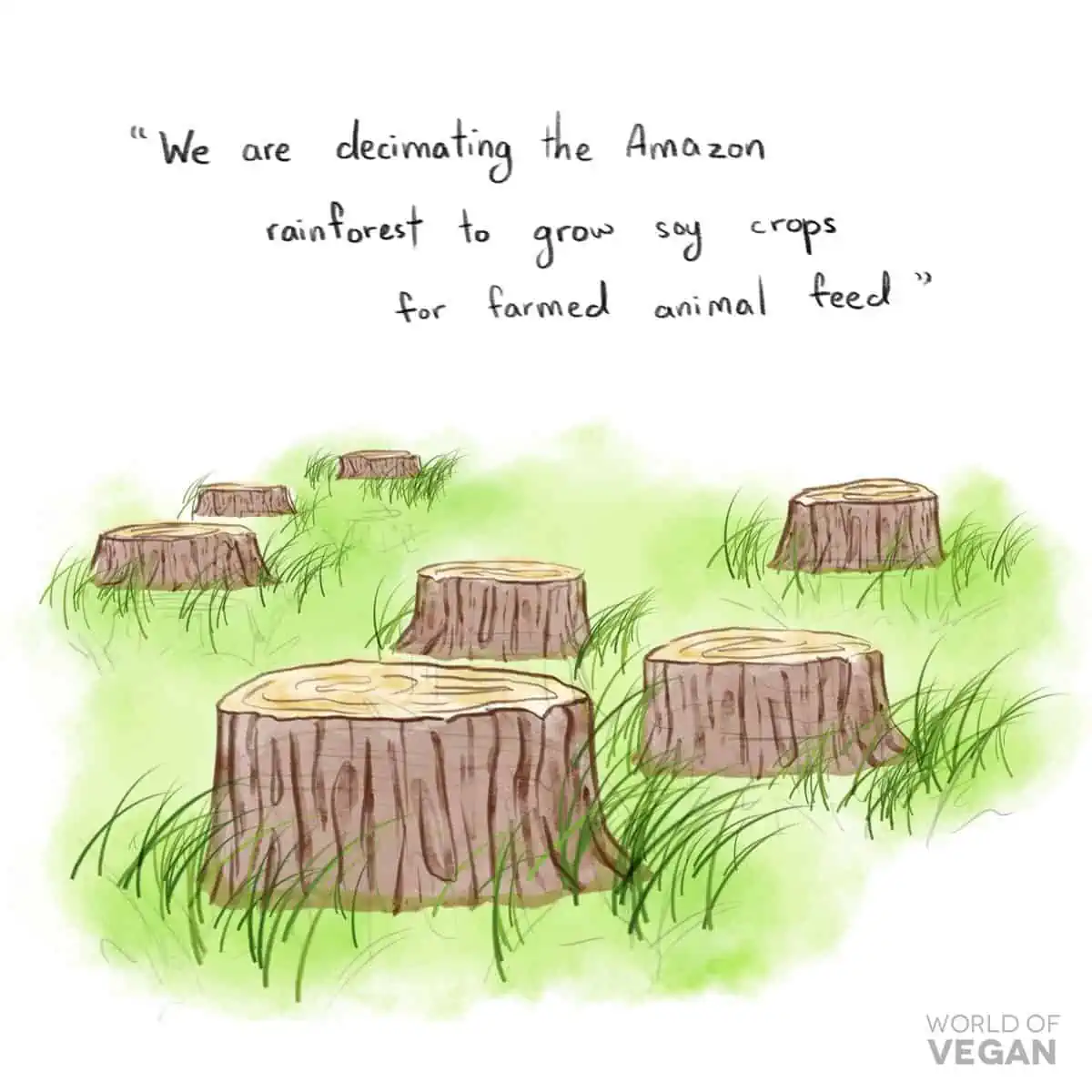 Earth Day art drawing of cut down trees and a quote about how the Amazon rainforest is being decimates to grow crops to feed farmed animals. 