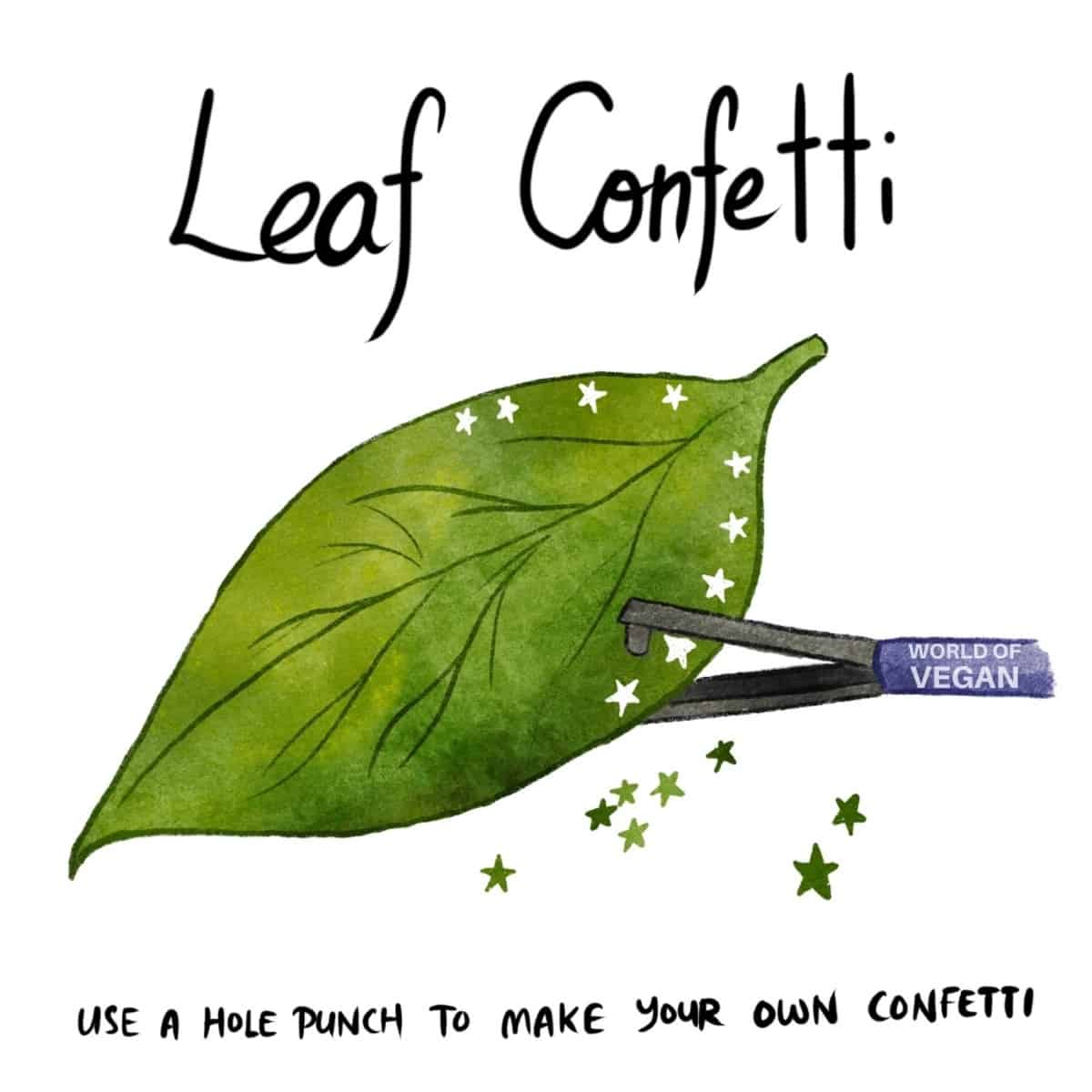 An illustration showing leaf confetti, an easy way to make natural eco-friendly confetti for a party or Earth Month celebration using green leaves and a hole punch. 