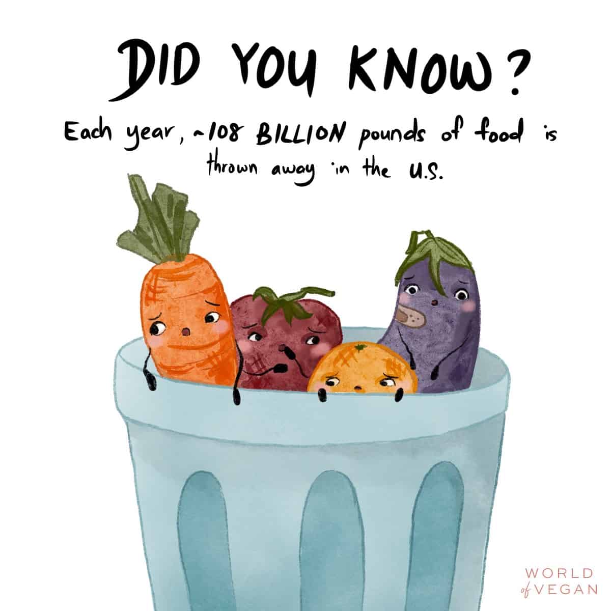 Illustration showing food waste and produce in a garbage can for Earth Day. 