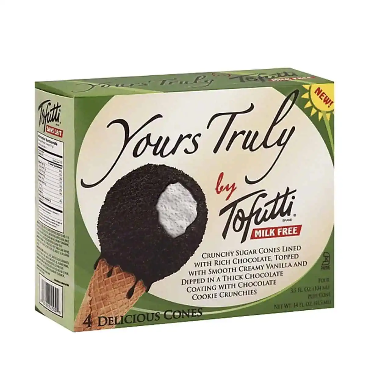 An unopened box of dairy-free kosher drumstick ice cream cones from the brand Tofutti.