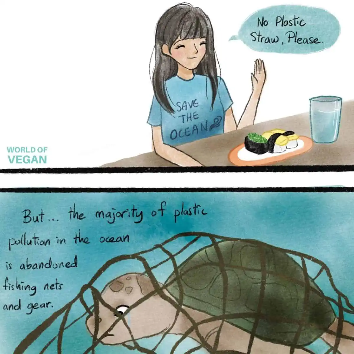 Earth day drawings in comic-style of a girl asking for "no straw" while eating sushi—which is comical because more sea turtles are killed in fishing nets than from plastic straws. 