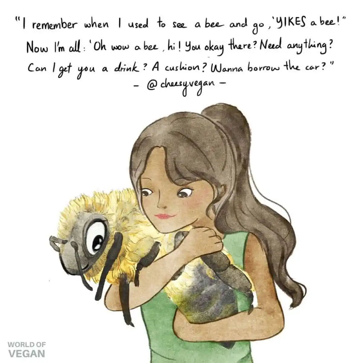 An illustration of a girl hugging a bee with a quote about saving the bees for Earth Day. 