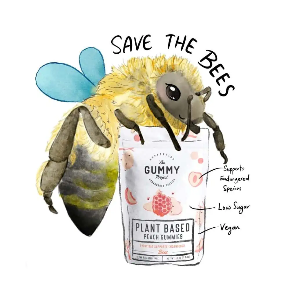 Illustrated drawing of The Gummy Project gummy package with a big bee character that says "save the bees."