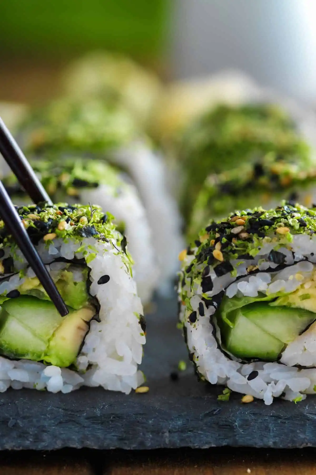 Avocado and cucumber sushi rolls.