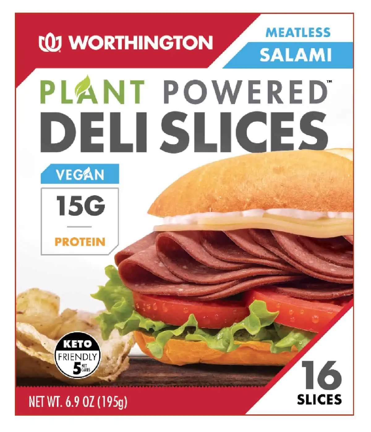 The red and white label of the Worthington XMeats vegan salami slices featuring a picture of a sub roll, plant-based salami slices, tomato and lettuce.