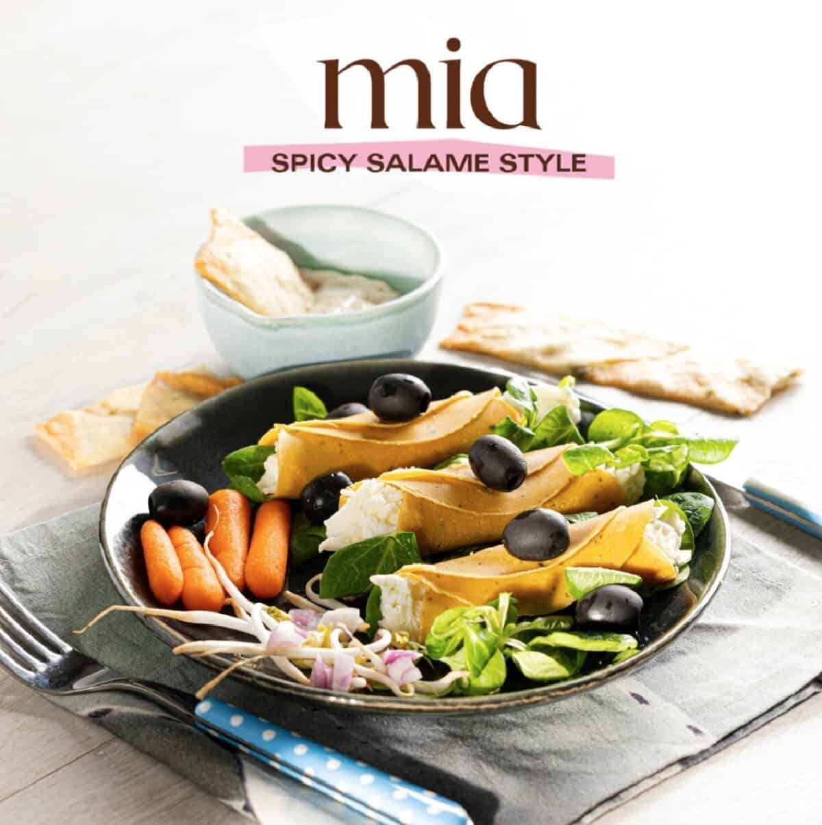 A place setting and plate filled with rolled vegan Mia Spicy Salami with hummus, fruit and greens. A small bowl of hummus and pita breads pieces on the side.