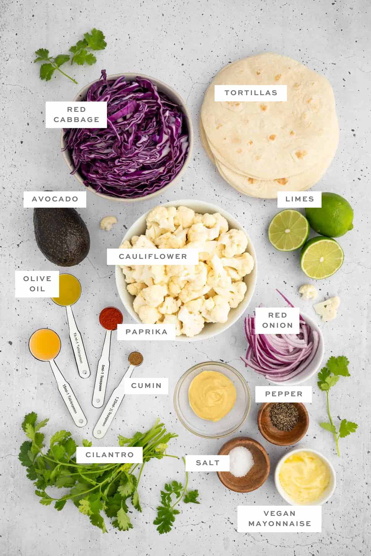 Ingredients for vegan cauliflower tacos with labels.