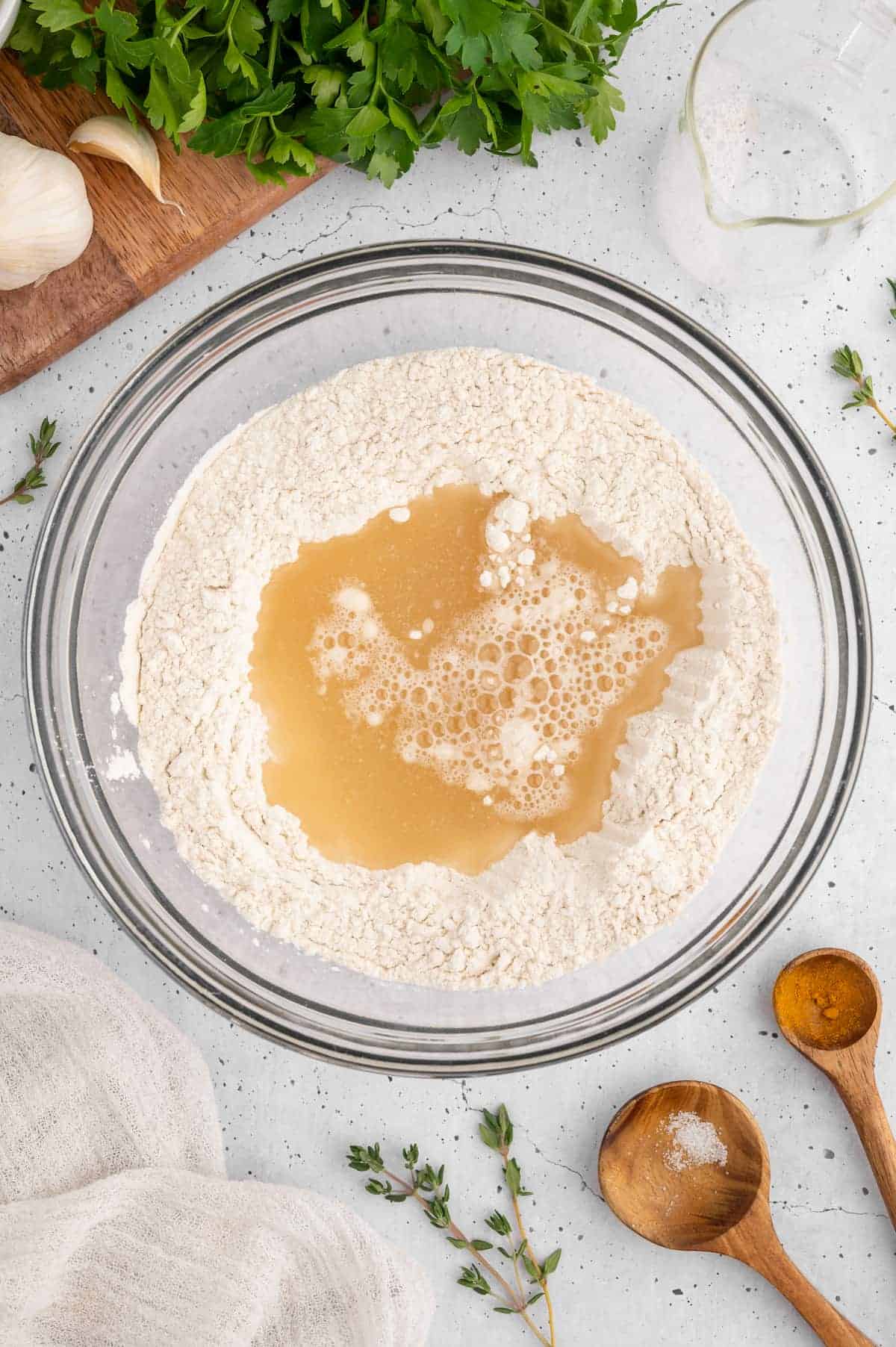 A bowl of vegan ravioli dough, being prepped.