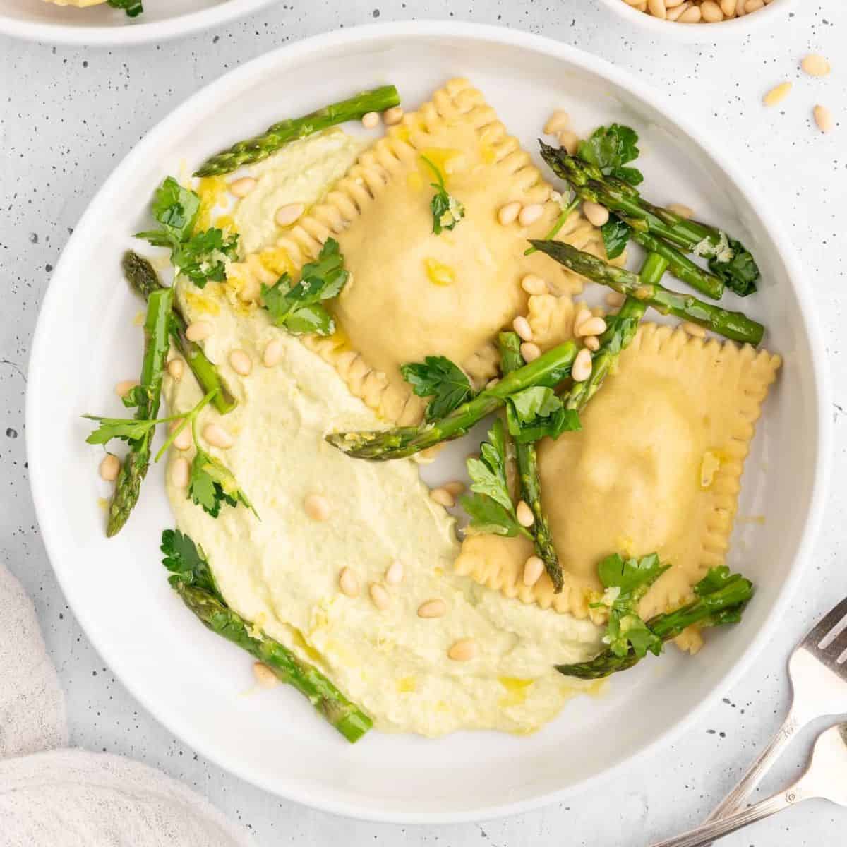 A plate of vegan ravioli.