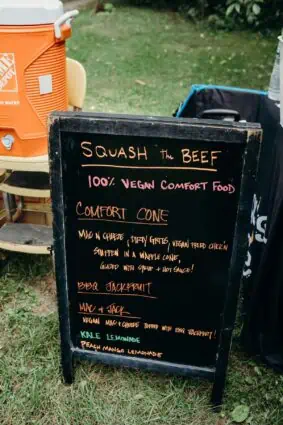 Sign with the vegan wedding menu for the reception provided by Squash the Beef caterers in Cleveland, Ohio. 