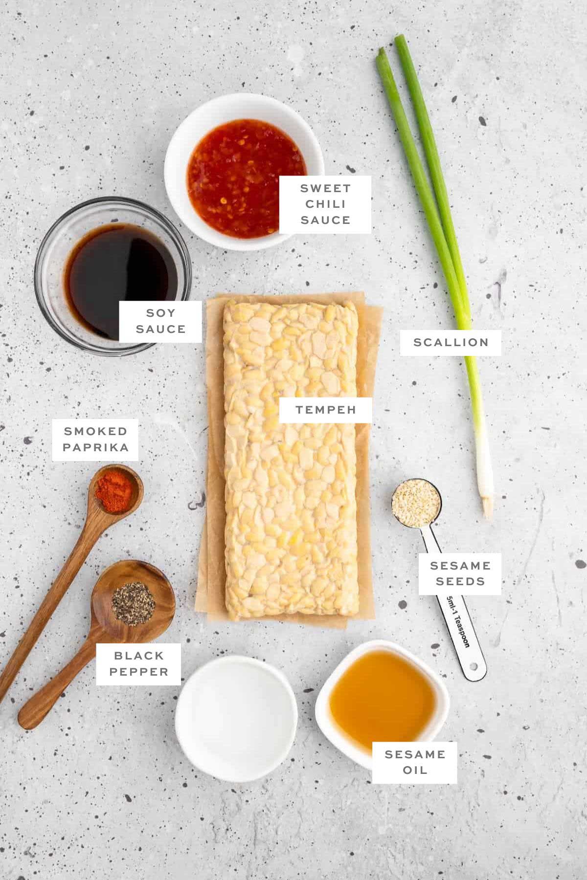 Ingredients for air fryer tempeh with labels.