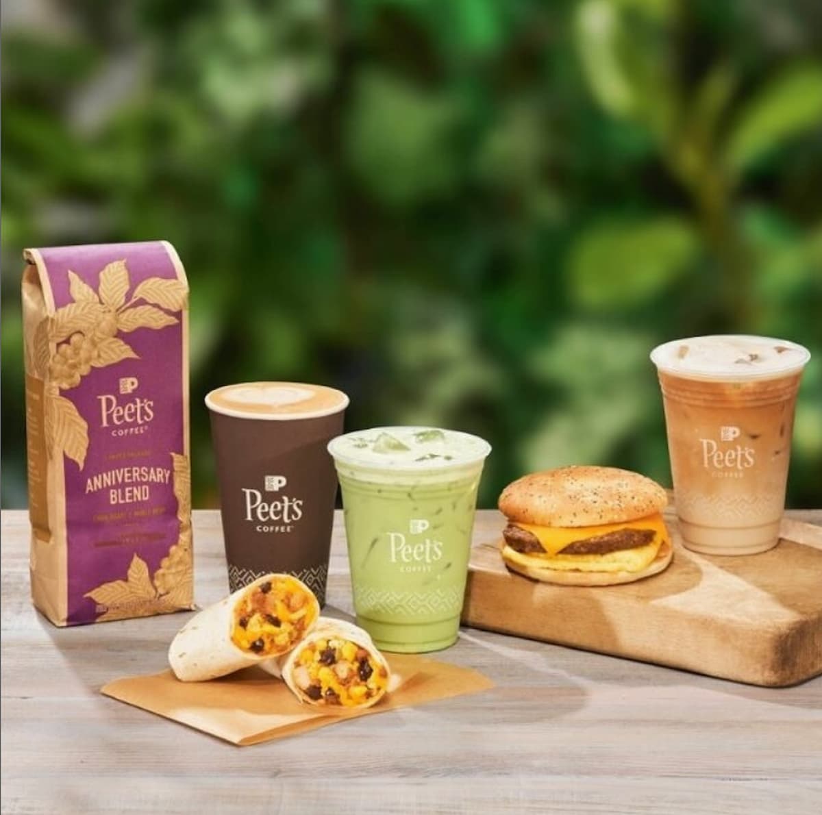 Various vegan-friendly drinks from Peet's Coffee plus their new vegan breakfast burrito and breakfast sandwich.
