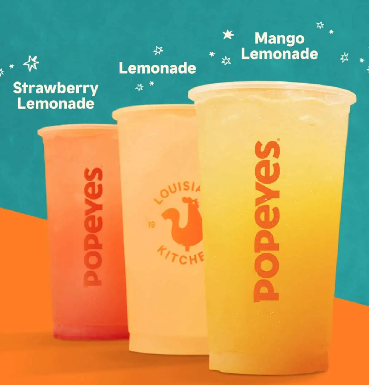 Three Popeyes lemonade flavors (Strawberry, Regular and Mango) lined up next to each other in clear plastic cups against a green and orange background.