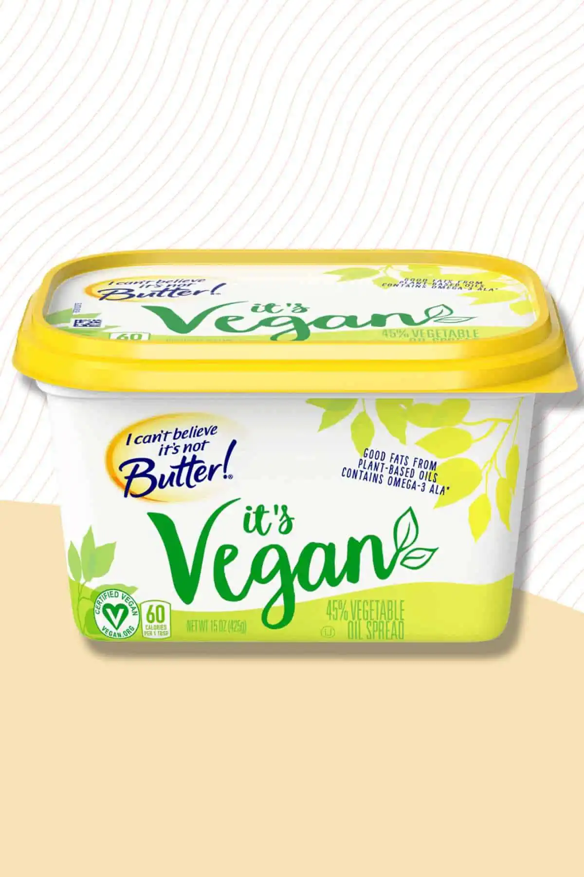 The front-facing packaging of the brand I Can't Believe it's Not Butter vegan butter!