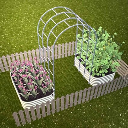 Vego garden bed design with two large beds connected by a trellis.