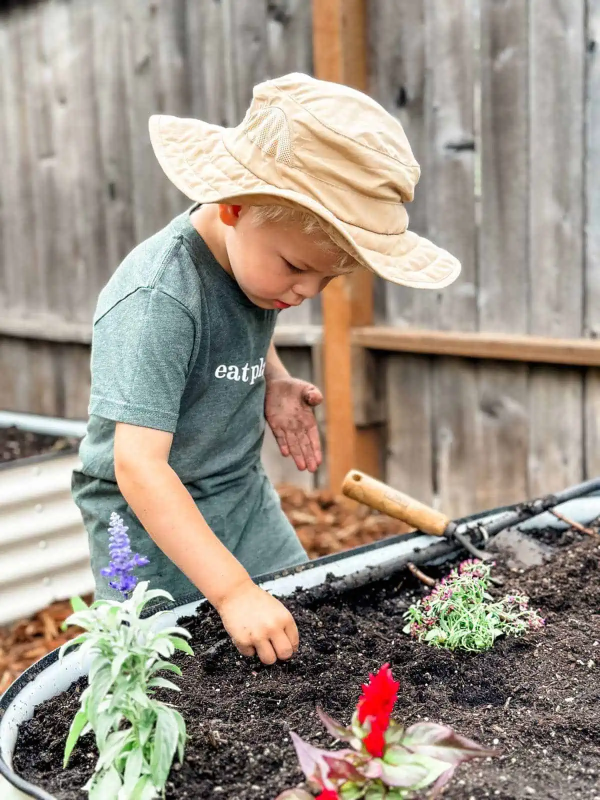 A young child planting seeds in a freshly assembled metal raised garden bed, surrounded by lush greenery.