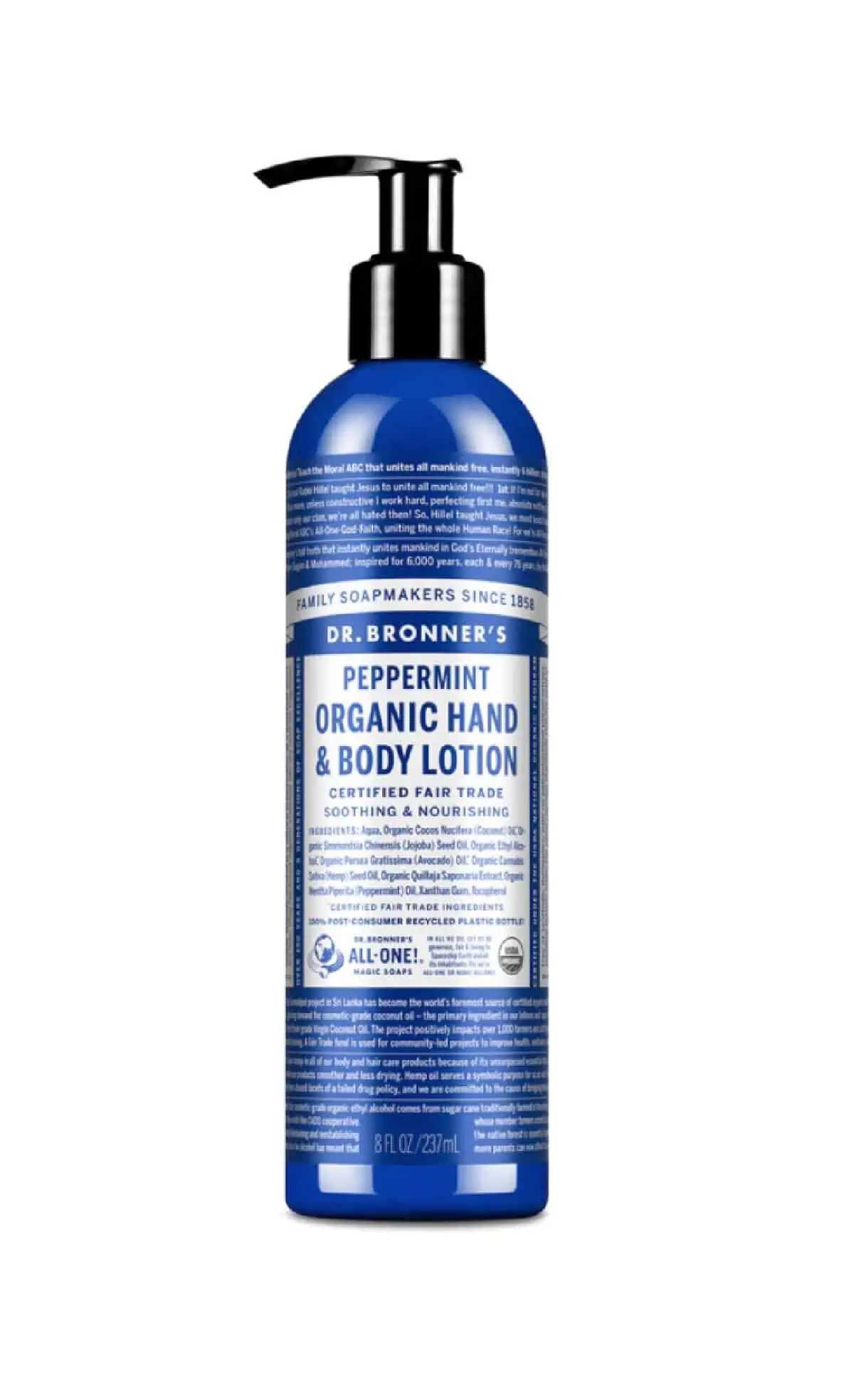 A royal blue bottle of Dr. Bronner's Organic Hand and Body Lotion with black lotion cap against a white background.