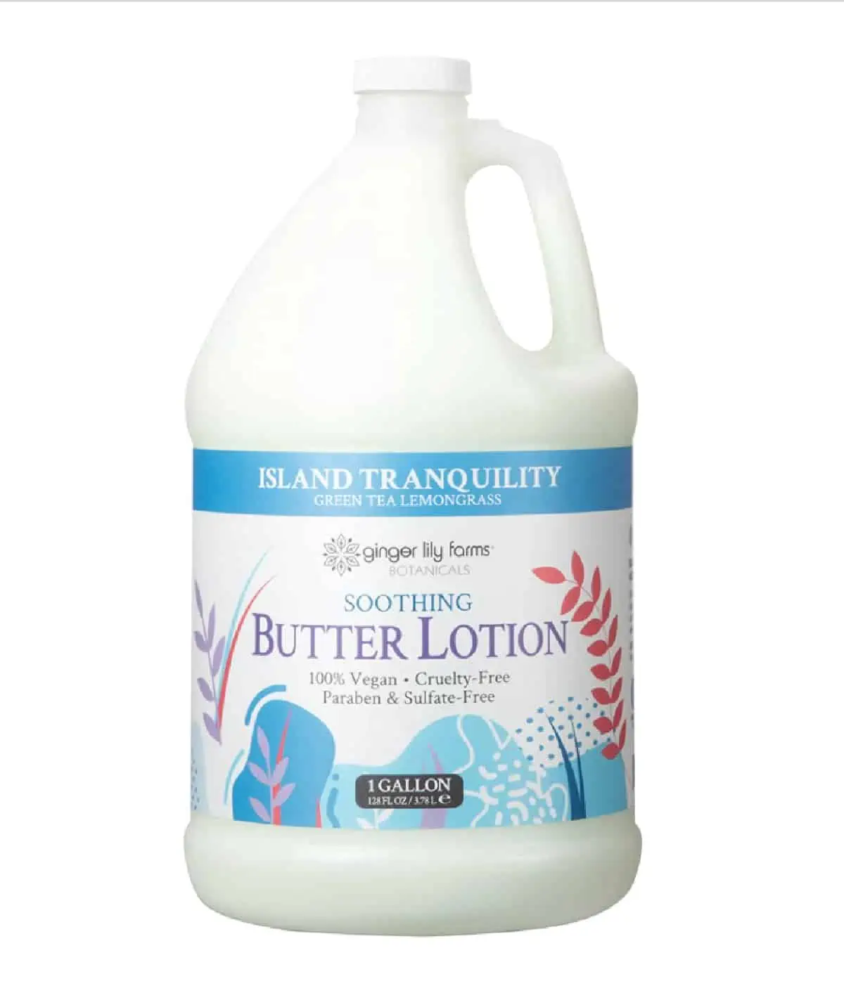 A white gallon jug of Ginger Lily Farms Butter Lotion against a white background.