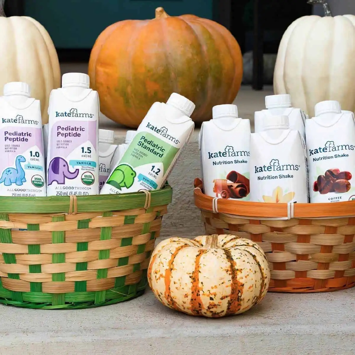 Two baskets holding Kate Farms plant-based Pediatric Peptide and Nutrition Shakes in different flavors surrounded by autumn pumpkins.