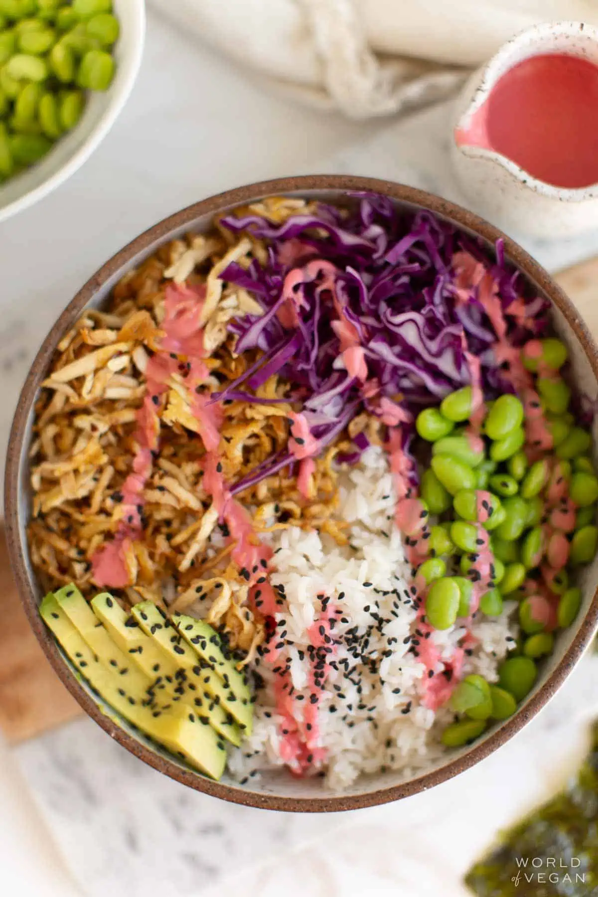Up close photo of shredded tofu bowl.