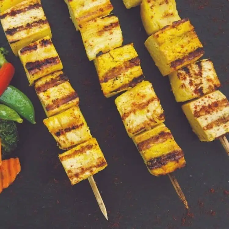 Vegan tofu skewers with pineapple.