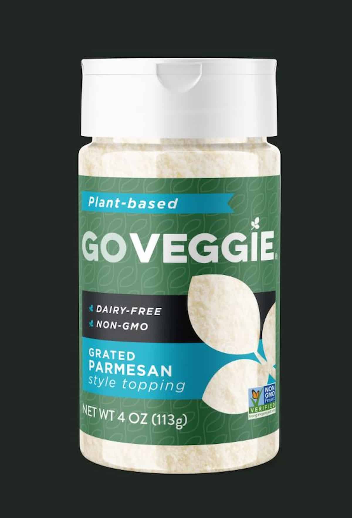 A container of Go Veggie brand plant-based grated parmesan.