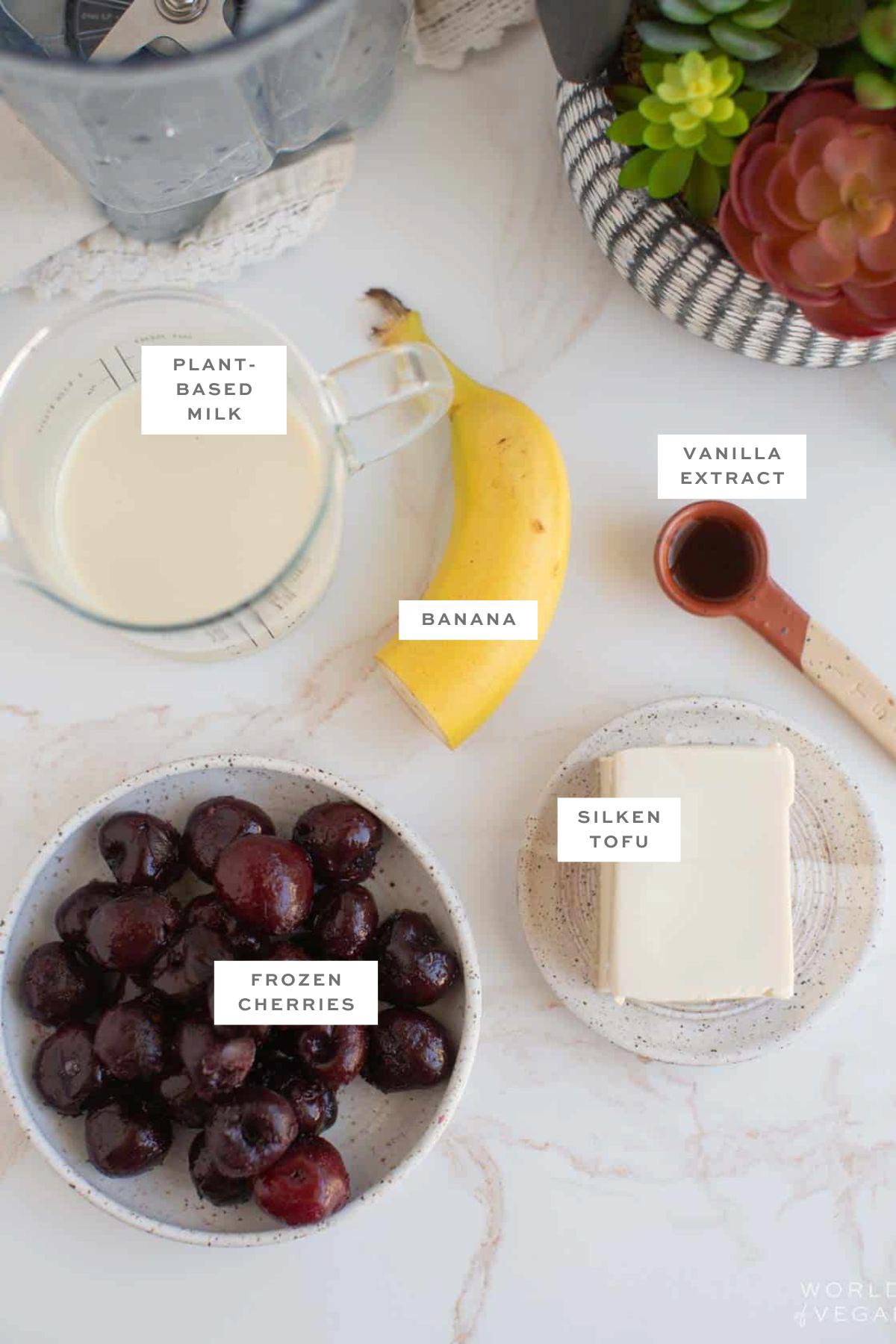 Ingredients for a silken tofu smoothie with labels.